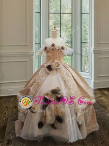 Extravagant Off the Shoulder Clasp Handle Champagne Sleeveless Lace and Ruffles and Hand Made Flower Floor Length Toddler Flower Girl Dress