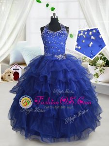 Beautiful Royal Blue Halter Top Lace Up Beading and Ruffled Layers Little Girl Pageant Gowns Sleeveless