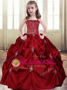 Custom Fit Wine Red Ball Gowns Spaghetti Straps Sleeveless Taffeta Floor Length Lace Up Beading and Pick Ups Kids Formal Wear
