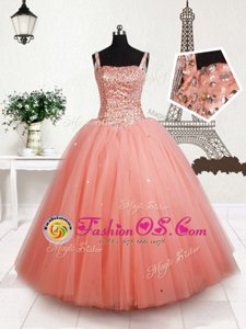 Fabulous Straps Beading Little Girls Pageant Gowns Peach Lace Up Sleeveless Floor Length