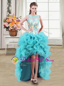 See Through Aqua Blue Zipper Scoop Beading Evening Dress Organza Sleeveless