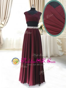 Edgy Burgundy V-neck Zipper Beading and Belt Prom Evening Gown Cap Sleeves