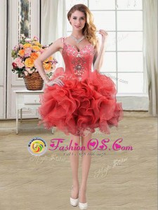 Sexy Organza Straps Sleeveless Lace Up Beading and Ruffles Prom Evening Gown in Coral Red