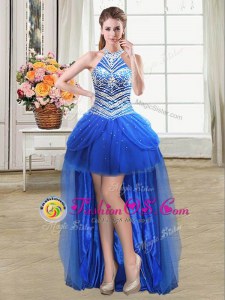 Wonderful Royal Blue Tulle Lace Up Halter Top Sleeveless High Low Prom Dresses Beading and Pick Ups