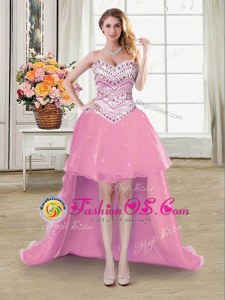 Flirting Pink Organza Lace Up Sweetheart Sleeveless High Low Going Out Dresses Beading