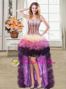 Sleeveless Organza High Low Lace Up Homecoming Dress in Multi-color for with Beading and Ruffles