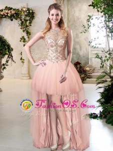 Attractive Scoop Peach Sleeveless Tulle Zipper Evening Dress for Prom