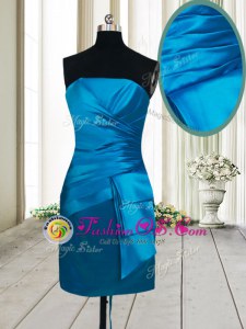 Cute Strapless Sleeveless Evening Dress Mini Length Ruching Teal Satin