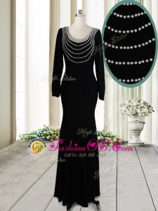 Custom Designed Scoop Black Long Sleeves Floor Length Beading Backless Mother Of The Bride Dress