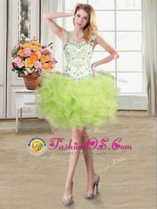 Vintage Yellow Green Straps Neckline Beading and Ruffles Prom Evening Gown Sleeveless Lace Up