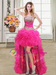 Hot Pink Lace Up Evening Dress Beading and Ruffles and Ruffled Layers and Sequins Sleeveless High Low
