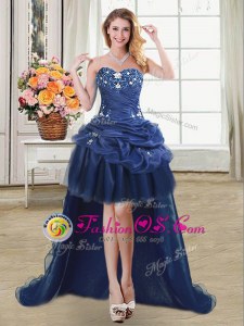 Beading and Appliques and Pick Ups Mother Of The Bride Dress Navy Blue Lace Up Sleeveless High Low