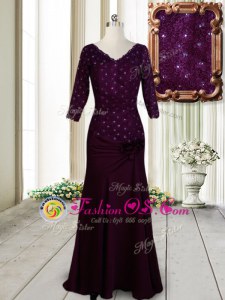 Dark Purple Mother Of The Bride Dress Prom and For with Beading and Lace and Hand Made Flower Half Sleeves Zipper