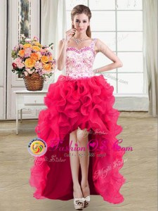 Straps Hot Pink Sleeveless High Low Beading and Lace and Ruffles Lace Up Mother Of The Bride Dress