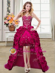 Fuchsia Ball Gowns Sweetheart Sleeveless Taffeta High Low Lace Up Beading and Embroidery and Pick Ups Homecoming Dress