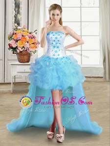 Cute Light Blue Ball Gowns Strapless Sleeveless Tulle High Low Lace Up Beading and Appliques and Ruffles Prom Dresses