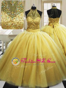 Noble Yellow Lace Up 15th Birthday Dress Beading Sleeveless With Train Sweep Train