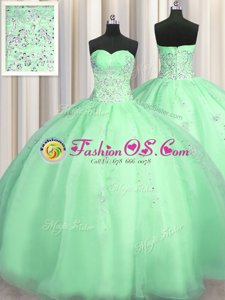 Ideal Puffy Skirt Apple Green Zipper 15th Birthday Dress Beading and Appliques Sleeveless Floor Length