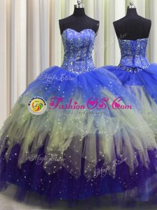 Fashion Sleeveless Fabric With Rolling Flowers Brush Train Lace Up Quinceanera Dresses in Lilac for with Beading and Pick Ups
