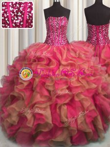 Amazing Visible Boning Beaded Bodice Strapless Sleeveless 15 Quinceanera Dress Floor Length Beading and Ruffles Multi-color Organza