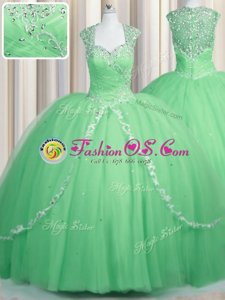 Amazing Cap Sleeves Brush Train Beading and Appliques Zipper Quince Ball Gowns