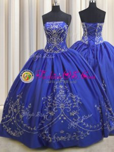 High Quality Embroidery Floor Length Ball Gowns Sleeveless Royal Blue Quince Ball Gowns Lace Up