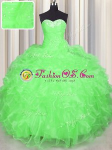 Best Visible Boning Scalloped Sleeveless Quinceanera Gown Floor Length Beading and Ruffles Apple Green Organza