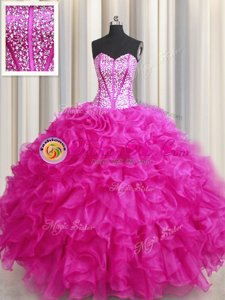 Pretty Visible Boning Fuchsia Organza Lace Up Sweetheart Sleeveless Floor Length Quinceanera Gown Beading and Ruffles