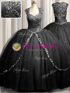 Zipple Up Tulle Cap Sleeves Sweet 16 Quinceanera Dress Brush Train and Beading and Appliques