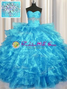 Baby Blue Sleeveless Beading and Ruffled Layers Floor Length Sweet 16 Quinceanera Dress
