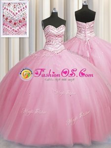 Clearance Bling-bling Big Puffy Sweetheart Sleeveless Lace Up Quince Ball Gowns Rose Pink Tulle