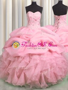 Visible Boning Sleeveless Organza Floor Length Lace Up Sweet 16 Dress in Rose Pink for with Beading and Ruffles and Pick Ups