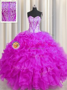Fashion Visible Boning Beaded Bodice Fuchsia Lace Up Sweetheart Beading and Ruffles Quince Ball Gowns Organza Sleeveless