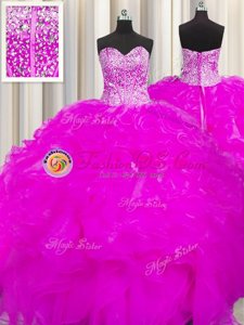 Visible Boning Beaded Bodice Sleeveless Floor Length Beading and Ruffles Lace Up 15th Birthday Dress with Fuchsia