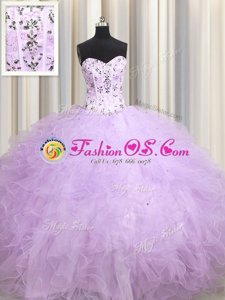 Super Visible Boning Beading and Appliques and Ruffles Ball Gown Prom Dress Lavender Lace Up Sleeveless Floor Length