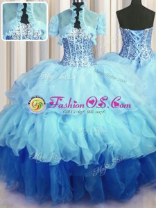 Fancy Visible Boning Bling-bling Sleeveless Floor Length Beading and Ruffled Layers Lace Up Sweet 16 Dress with Multi-color