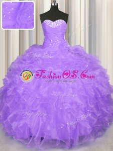 Super Lavender Lace Up Quinceanera Dress Beading and Ruffles Sleeveless Floor Length
