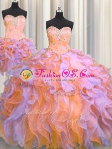 Captivating Three Piece Multi-color Ball Gowns Beading and Appliques and Ruffles 15 Quinceanera Dress Lace Up Organza Sleeveless Floor Length