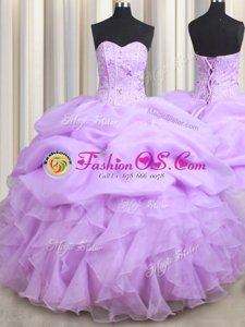 Stunning Visible Boning Scalloped Floor Length Baby Pink Sweet 16 Dresses Organza Sleeveless Beading and Ruffles