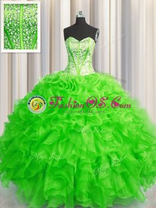 Visible Boning Beaded Bodice Sleeveless Organza Floor Length Lace Up Vestidos de Quinceanera in for with Beading and Ruffles
