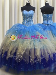Visible Boning Sleeveless Lace Up Floor Length Beading and Ruffles and Sequins Quinceanera Dress