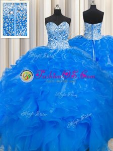 Colorful Visible Boning Beaded Bodice Blue Organza Lace Up Sweetheart Sleeveless Floor Length 15 Quinceanera Dress Beading and Ruffles