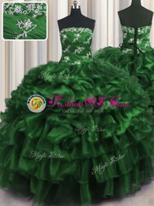 Vintage Dark Green Sleeveless Appliques and Ruffles and Ruffled Layers Floor Length 15 Quinceanera Dress