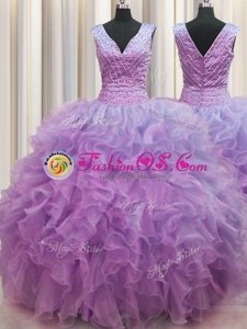 V Neck Zipper Up Lilac Organza Zipper 15th Birthday Dress Sleeveless Floor Length Ruffles