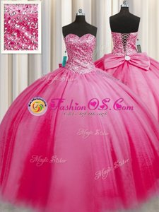 Clearance Big Puffy Rose Pink Sleeveless Floor Length Beading Lace Up Sweet 16 Quinceanera Dress