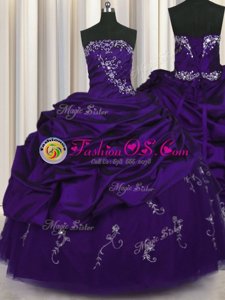 Floor Length Purple 15 Quinceanera Dress Taffeta Sleeveless Beading and Embroidery and Pick Ups