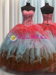 Visible Boning Beaded Bodice Sleeveless Floor Length Beading and Ruffles Lace Up Quinceanera Gowns with Red