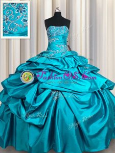 High Class Royal Blue Ball Gowns Strapless Sleeveless Organza Sweep Train Lace Up Beading and Ruffles 15th Birthday Dress