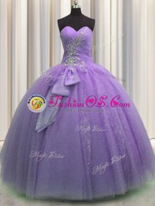 Designer Sweetheart Sleeveless Tulle Quince Ball Gowns Beading and Sequins and Bowknot Lace Up