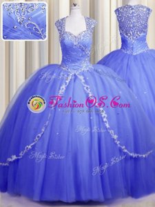 Affordable Zipper Up Cap Sleeves Tulle With Brush Train Zipper Sweet 16 Dresses in Blue for with Beading and Appliques